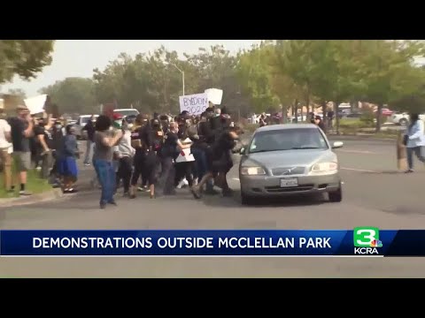 Protesters hit by cars outside McClellan Park during Trump visit