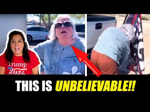 Lunatic karen tries to STEAL Trump flag from truck - Gets a MAJOR reality check...