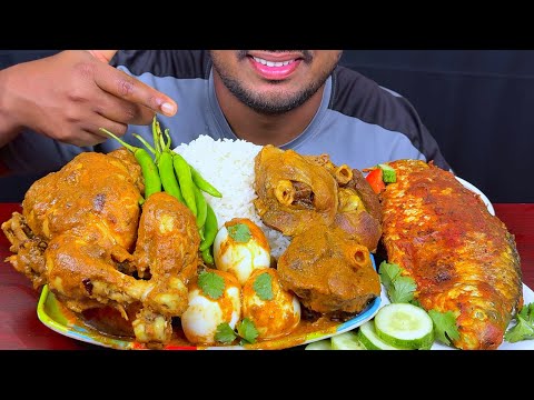 Eating Spicy Chicken Roast, Mutton Curry, Eggs with Fish Fry & Rice || Eating Show