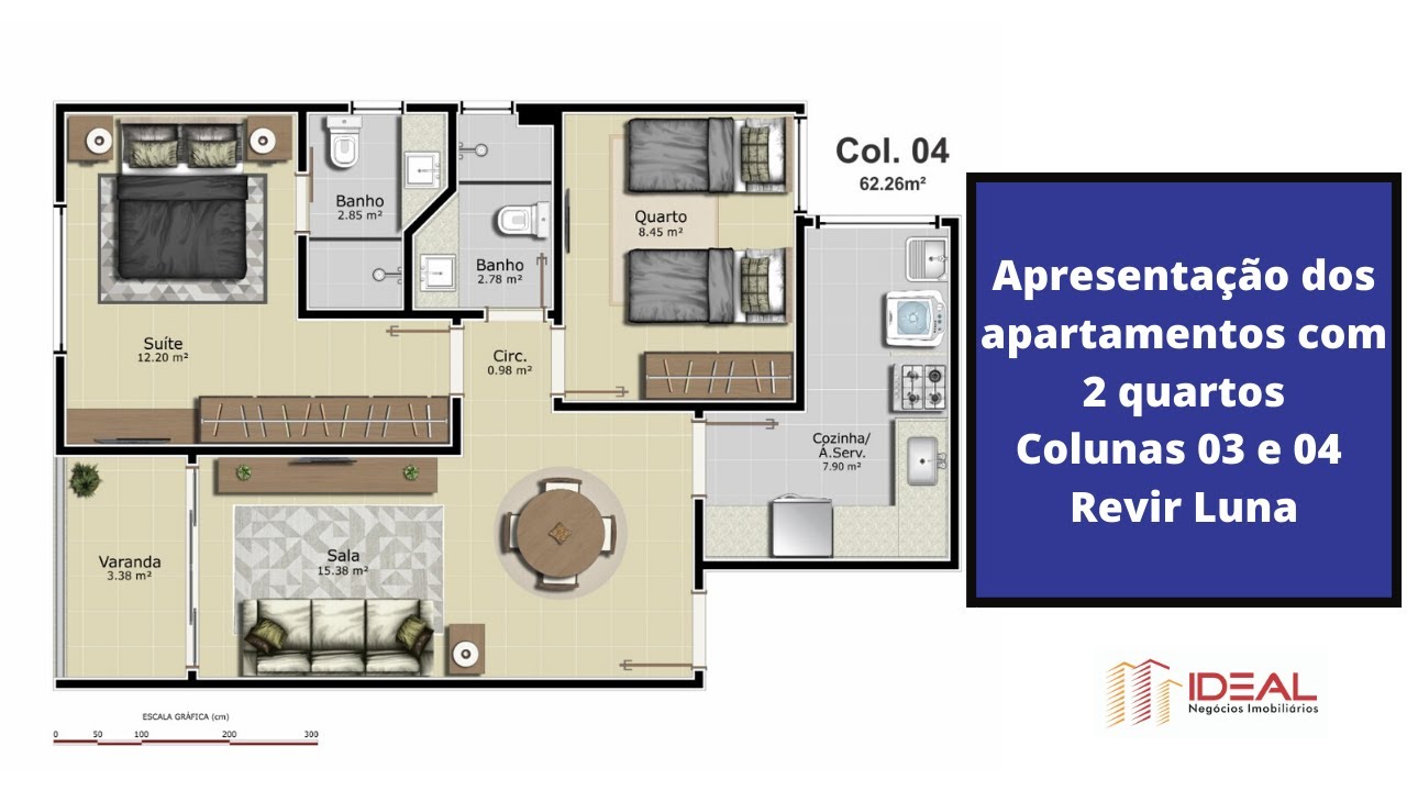 Apresentação dos apartamentos com 02 quartos - Colunas 03 e 04 / Revir Luna