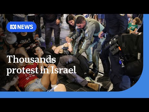 YouTube video thumbnail: Protesters Outside Netanyahu's Home Call for the Return of Hostages and end to Gaza war