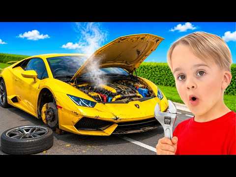 Niños paseando en coches de juguete - Divertida aventura en el taller mecánico