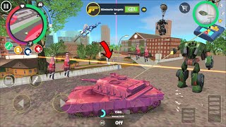 Rope Hero Vice Town (Pink Tank spawn on army base roof) tank and police robot car fight in vice town