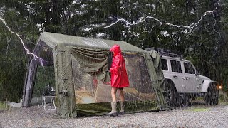 ☔ HEAVY RAIN IN THE FOREST CAMPING IN A COZY INFLATABLE TENT CONNECTED TO A CAR  🚗 ASMR
