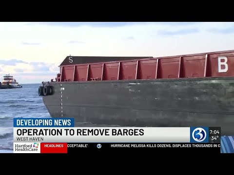 YouTube video thumbnail: Operation Underway to Remove 2 Barges Stuck in West Haven Shoreline