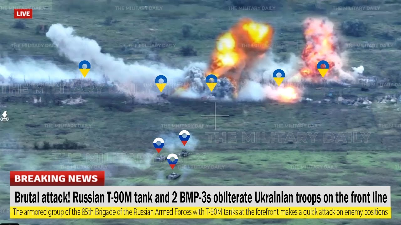 Russian T-90M tank and 2 BMP-3s obliterate Ukrainian troops