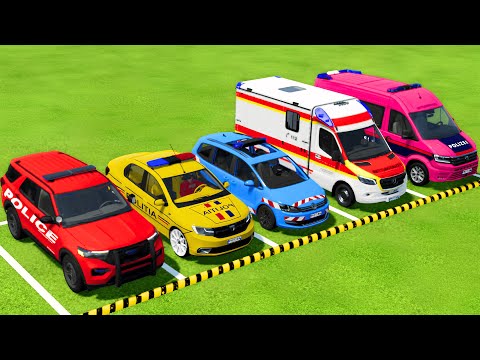 TRANSPORTING FORD, DACIA, VOLKSWAGEN POLICE CARS & MERCEDES AMBULANCE VEHICLES WITH TRUCKS ! FS22