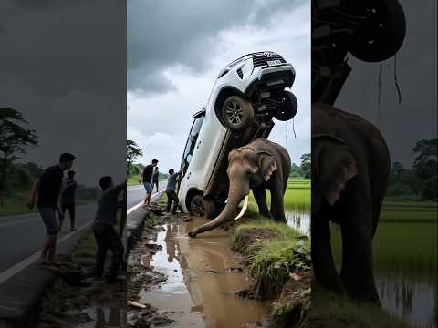 Elephant stops a pecicilan travel car on the road