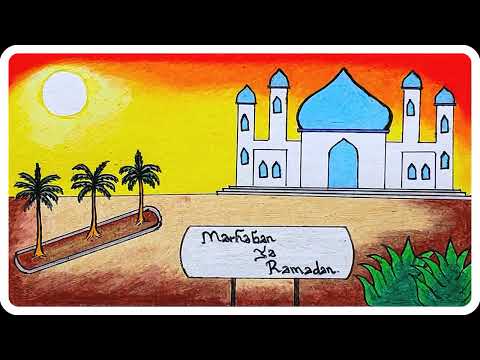 Menggambar Pemandangan | Cara Menggambar Pemandangan Masjid Dengan Sunset Menggunakan Oil Pastels