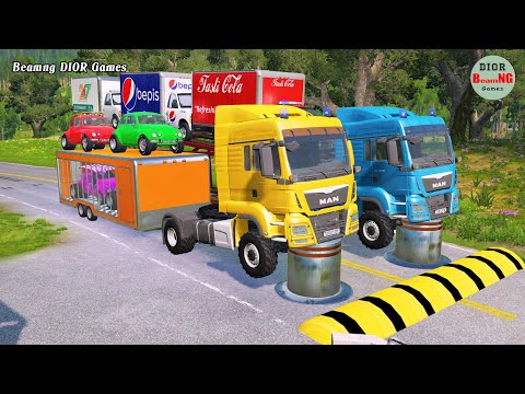 Double Flatbed Trailer Truck vs speed bumps|Busses vs speed bumps|Beamng Drive|1050