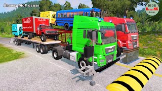 Double Flatbed Trailer Truck vs speed bumps|Busses vs speed bumps|Beamng Drive|1180
