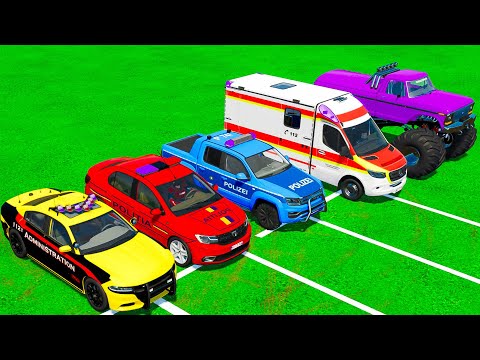 DODGE, DACIA, VOLSKWAGEN POLI COLOR CAR AND AMBULANCE EMERGENCY MONSTER TRUCK! FS22