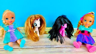 Elsa and Anna toddlers help the ponies get a new hairstyle