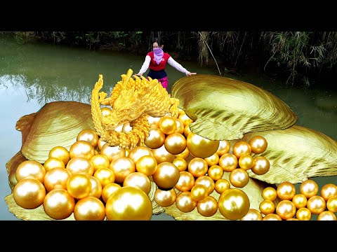 😱Pry open the sparkling giant clam, filled with enchanting golden pearls, it's incredibly beautiful