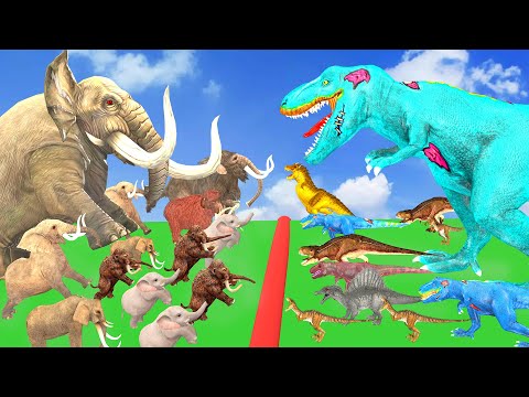 10 Mammoth Elephant vs 10 Giant Dinosaurs Attack Prehistoric Mammals Size T-Rex Animal Epic Battle