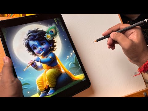 How To Draw Krishna,  Janmashtami Drawing,  Krishna Drawing,  Outline Tutorial,  Step By Step 😍