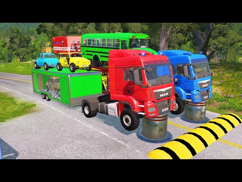 Double Flatbed Trailer Truck vs speed bumps|Busses vs speed bumps|Beamng Drive|946