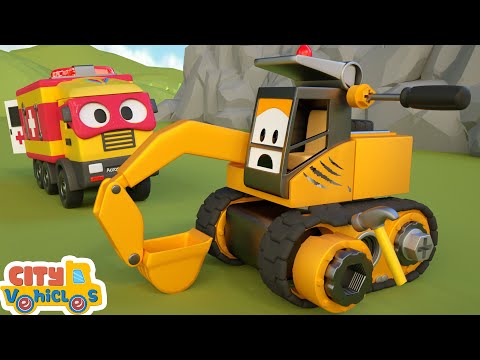 Super fire truck pick up football for dump truck— -bulldozer tractor and crane truck for kids.