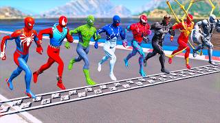 SPIDERMAN TEAM vs CARNAGE SPIDERMAN ARMY RUNNING CHALLENGE on MOUNTAIN MEGA RAMP,MOTOS RACING- GTA 5