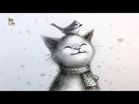 Drawing A Cat is Playing with a bird || Easy Pencil Art