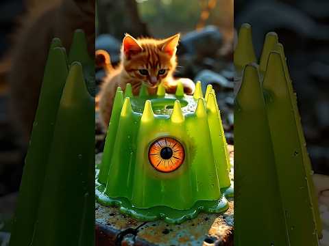 O gatinho encontrou uma gelatina verde #miau #meow #gato #comida #ameba #amoeba #miaumiau #miaomiao