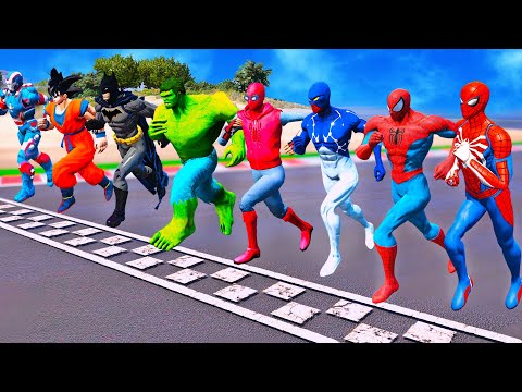 SPIDERMAN TEAM VS SUPERHEROES TEAM RUNNING CHALLENGE ! SpiderMan Motorbikes Mega Ramp Racing - GTA 5