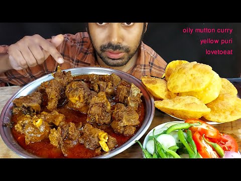 indian spicy mutton handi masala curry yellow puri salad eating show mukbang food eating show