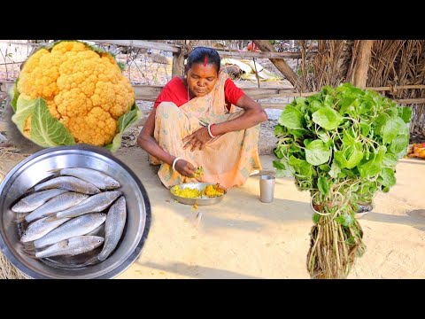 Bata Fish Curry with yellow Cauliflower and Punka shak vaji cooking and eating by santali grandmaa