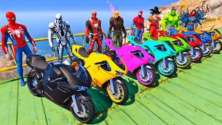 SPIDERMAN CAN REACH THE RACING MOTORCYCLES on MOUNTAIN TRACK MEGA RAMP,SUPERHEROES MOTOS STUNT-GTA 5