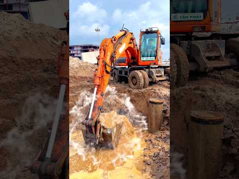 Máy xúc tát nước để đặt cống hộp vuông. #excavator #mayxuc