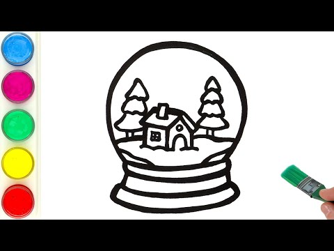 Snow Globe Drawing, Coloring for Kids, Toddlers | Let's Draw and Paint Together Christmas Scene