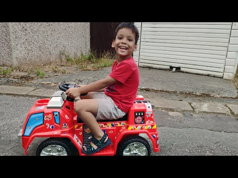 Little Boy Fire Engine Ride on Power Wheel | Going Uphill Playtime