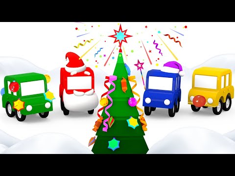 Os quatro carros coloridos montam uma árvore de Natal! Desenho animado infantil. Desenhos animados