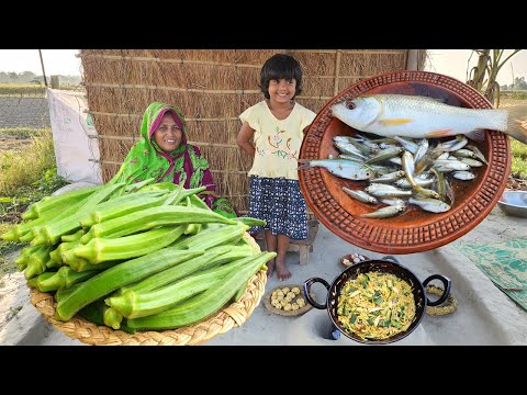 মাঠের কুড়ে ঘরে পুকুরের জ্যান্ত ছোট মাছ ধরে গাছের ঢেঁড়স তুলে হাতে মাখা রেসিপি Lady Finger Fish Curry