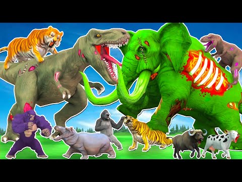 Giant Zombie Dinosaur Attack Baby Cow Buffalo Hippo Saved by Zombie Elephant Gorilla