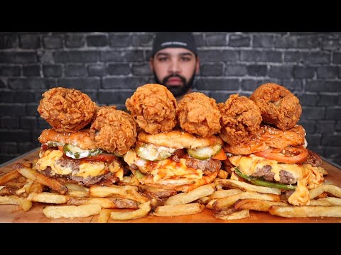 ASMR FIVE GUYS LOADED DOUBLE CHEESE BURGERS, FRIED CHICKEN DRUMSTICKS, AND FRIES MUKBANG