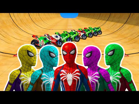 GTA 5 spiderman big funny head race with bikes on mega ramp super hard fun