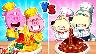 تحدي النودلز بين الأغنياء والفقراء! 🍜 العمل الجماعي وقواعد السلوك للأطفال @wolfooinarabic