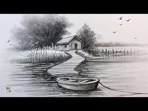 Pencil Drawing and Shading House and Boat in Scenery Art