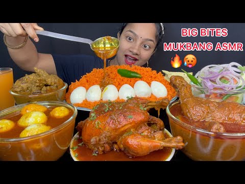 ASMR 🔥 BIG WHOLE CHICKEN CURRY 🐔EGG CURRY,BIHARI STYLE RED CHICKEN CURRY, SCHEZWAN RICE 🌶️🤤 EATING 😋