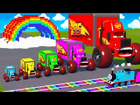 5 MONSTER TRUCKS vs Big & Small: McQueen Truck with Spinner Wheels and Thomas Train - BeamNG.Drive