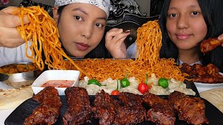 Super Spicy Pork Ribs With Roti/2x Noodles, Pork Mo:Mo, Chicken Drumsticks/Mom Daughter Mukbang 🥵 .