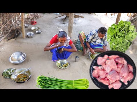 Methi chicken curry and piyaj koli vaja cooking  & eating by santali tribe old grandmaa