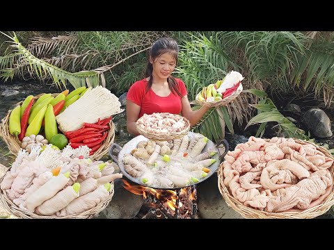 Yummy! Cooking mushroom with Big peppers in pork intestine So delicious food, Survival cooking