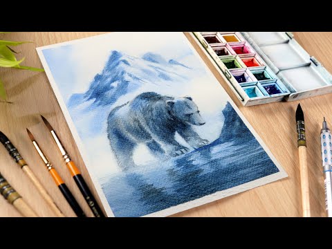 Beautiful Watercolor Painting of Forest Mountain Bear Landscape