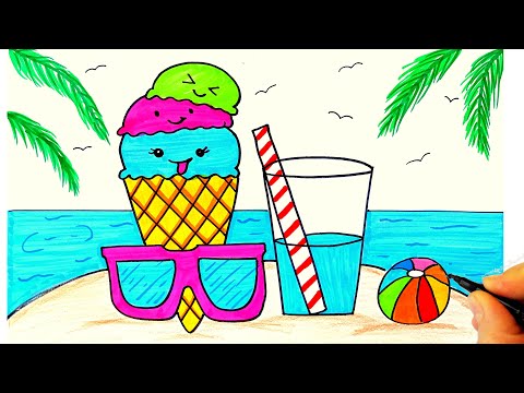 Yaz Resmi Çizimi 🌴 Dondurma Çizimi 🌞 Deniz Resmi Çizimi - GAda Resmi Çizimi - Summer Drawing Easy