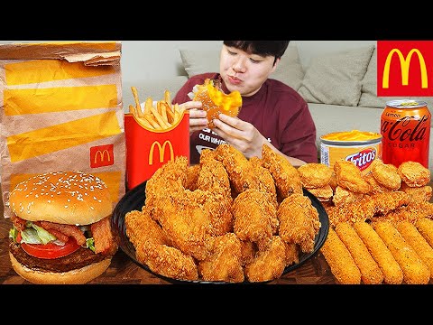 ASMR MUKBANG 맥도날드 양념 치킨먹방! 치즈 햄버거 치즈스틱 후라이드치킨 & 레시피 CRISPY FRIED CHICKEN CHEESE BURGER EATING SOUND!