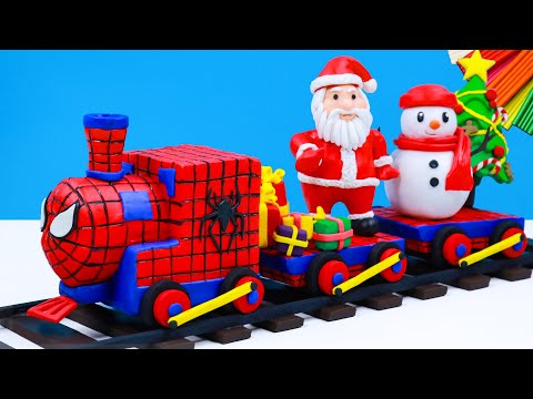 DIY Christmas Train mod superhero Spider-man and Santa Claus, snowman with Clay || Sky Clay