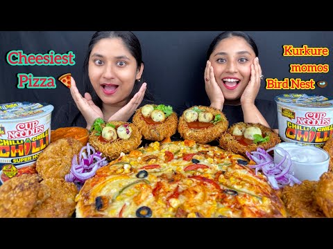 Eating Cheesiest Pizza 🍕,Kurkure Momos,Chilli Cup Noodles,Bird Nest 🪺 Challenge|(PART-1)