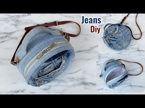 How to sew denim circle pouch bag out of old jeans, cross body bag from old jeans , denim handbag